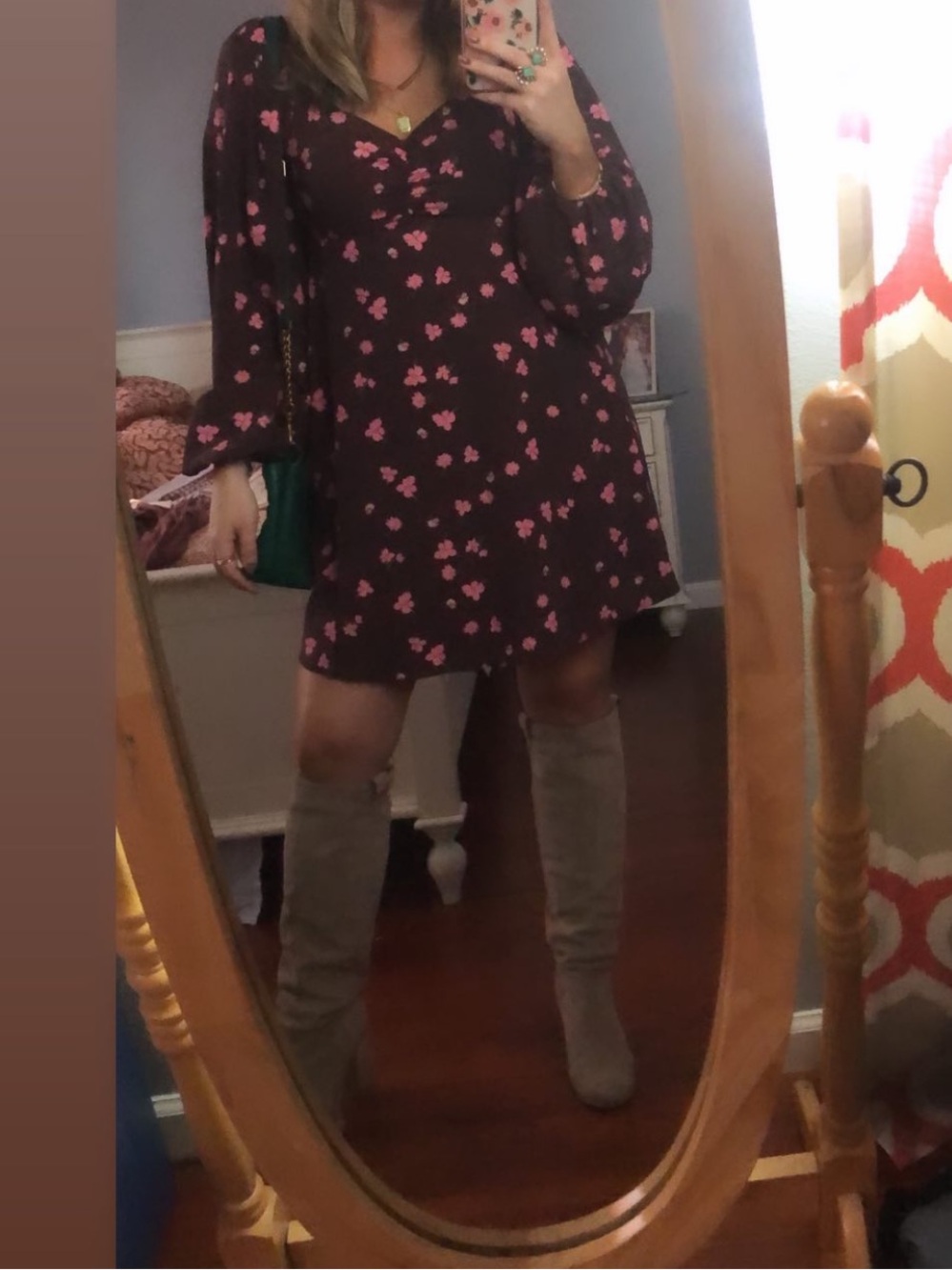Wayf Brown Long-Sleeve Dress with Pink Floral Print
